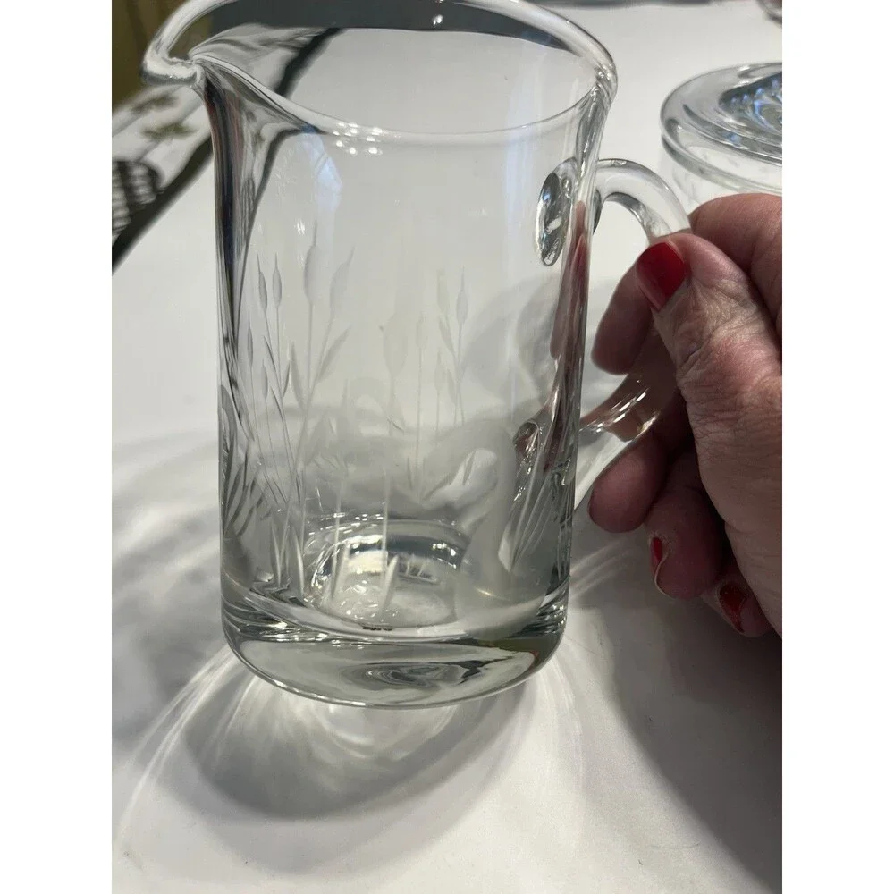Crystal Glass Clear Etched Swans & Cattails Creamer Sugar Bowl w Lid